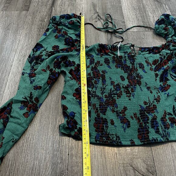 Free People Hilary Printed Top Medium Green Combo Smocked Long Sleeve Blouse - Picture 8 of 8